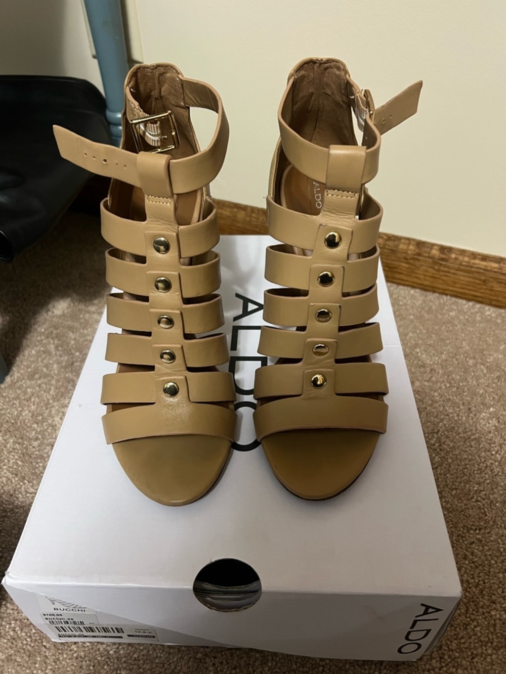 ALDO Beige Tan Strappy Gladiator Heels with Gold Studs